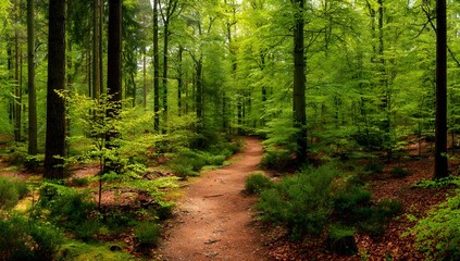 Fototapeta premium Serene Forest Path Through Lush Verdant Woodland