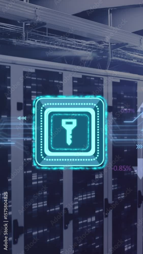 Poster animation of key in square, connected arrows, circuit board pattern over data server racks