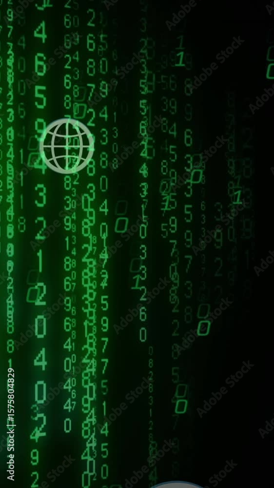 Poster animation of globe icons over falling changing numbers and binary codes over black background