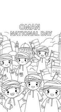 Cute omani children celebrating oman national day with flags and traditional attire isolated on transparent background