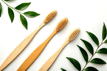 Flat lay of three bamboo toothbrushes placed neatly on white background