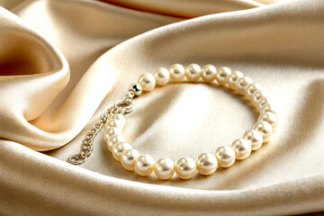 Cream-Colored Pearl Bracelet on Silk Fabric