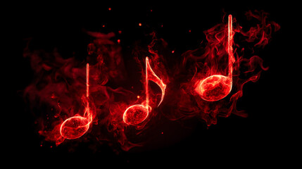 Illustration of musical notes burning fire floating on dark background