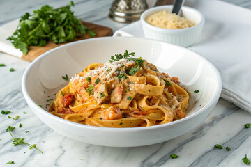 Creamy Pasta Dish in White Bowl on Marble Counter