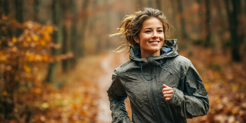 Young woman enjoys a refreshing run through a vibrant autumn forest filled with colorful leaves and soft falling rain during a peaceful morning