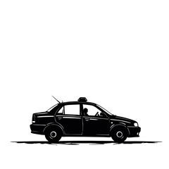 Naklejka premium Accessible taxi ride showcasing inclusivity with a car and driver, black and white illustration. Accessible taxi ride concept featuring transportation and accessibility,