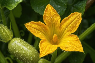 A bright yellow squash flower glimmers with dew droplets, nestled among lush green leaves in a tranquil garden during the early morning