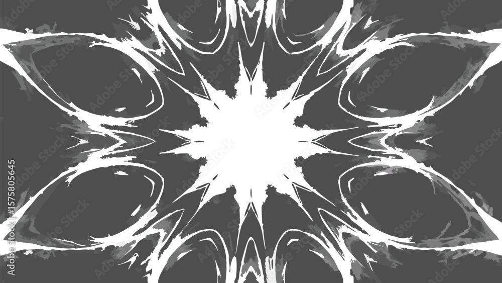 Poster abstract gray and white symmetrical design with a central burst of light and curved shapes around it