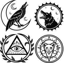 Tribal black and white fish tattoo designs, a vintage heraldic illustration set with animal, bird, lion, and skull elements, perfect for decoration or a striking silhouette art pattern