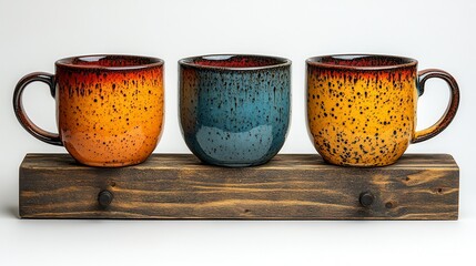 Three unique ceramic mugs with a speckled, reactive glaze in warm orange, deep blue, and speckled yellow tones, sit on a rustic wooden display rack.