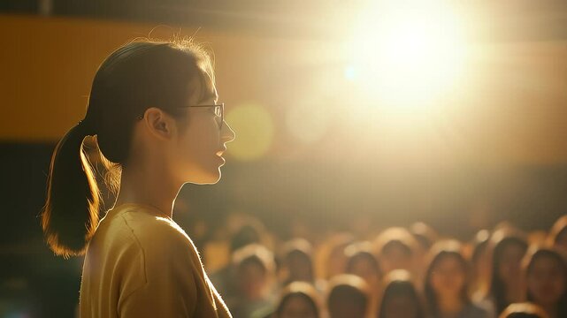 Confident Woman Shining on Stage Under Spotlight