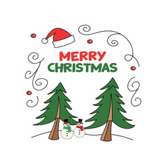 "Modern Flat 'Merry Christmas' Vector Banner with Pine Trees & Santa Hat"