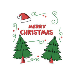 "Modern Flat 'Merry Christmas' Vector Banner with Pine Trees & Santa Hat"