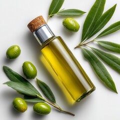 A glass bottle of olive oil is surrounded by fresh green olives and olive branches on a clean white background.