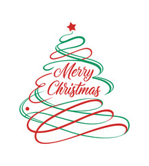 "Minimalist 'Merry Christmas' Vector with Red and Green Curvy Christmas Tree"