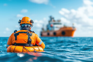 Rescue worker in orange suit floats in ocean, wearing helmet and safety gear, while observing distant support vessel. scene conveys sense of safety and teamwork in maritime operations