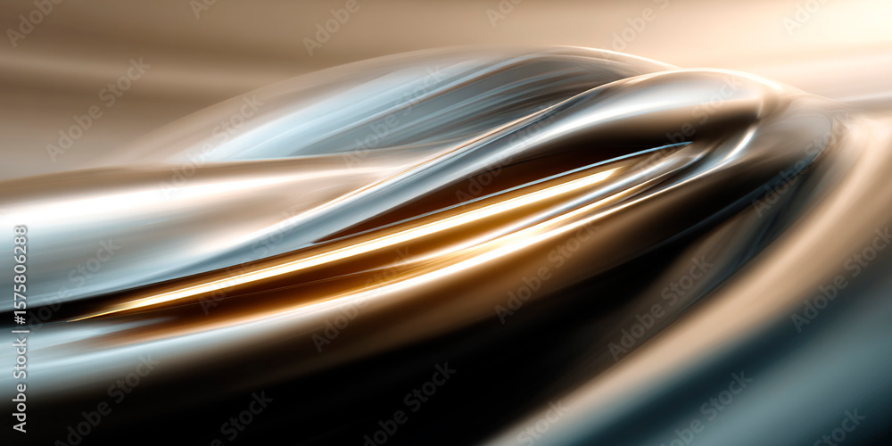 Poster futuristic abstract form with fluid metallic curves and glowing golden streaks in a smooth motion-in