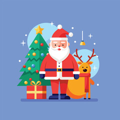 "Santa Claus with Reindeer and Christmas Tree Vector Design"
