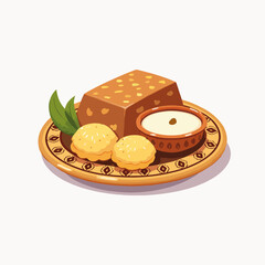 Patterned plate with traditional indian food, including halwa, puri, and payasam. Patterned plate features cultural treats, festive desserts, and holiday sweets as part of Hindu festival celebrations,