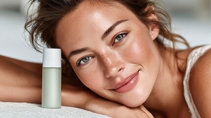A close-up of a smiling woman with glowing skin resting her head on her arm next to a skincare product bottle.