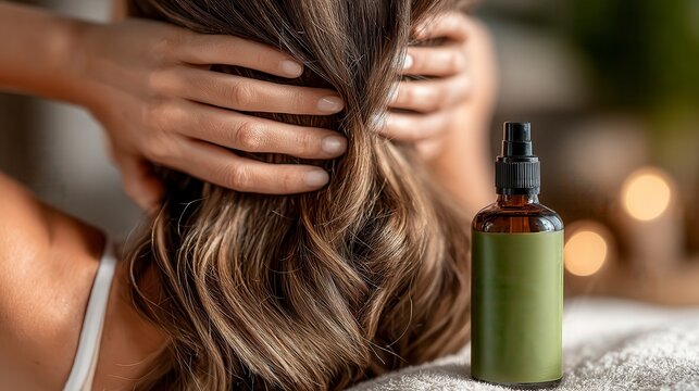 Woman with long hair holding head, next to a brown glass spray bottle on a textured surface.