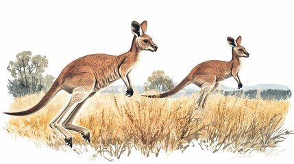 Two kangaroos in a field of tall grass.