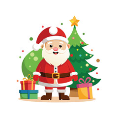 "Christmas Cartoon Santa Claus with Gifts and Christmas Tree on White Background"