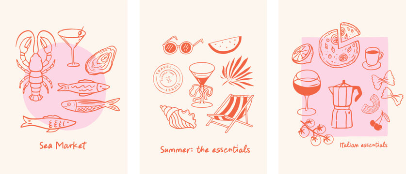 Italian food, summer, seafood, pasta and pizza illustrations. Posters, cards, party invitations, t shirt print, sticker or menu design and illustration