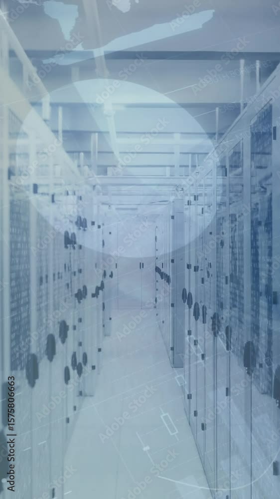 Poster animation of statistical data processing and mosaic squares against computer server room