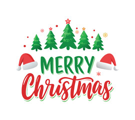 "Playful 'Merry Christmas' Vector with Santa Hat, Pine Trees & Festive Flourishes"