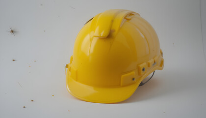 Fototapeta premium Bright yellow hard hat resting on a clean white surface is ideal for construction, safety, and industrial use.