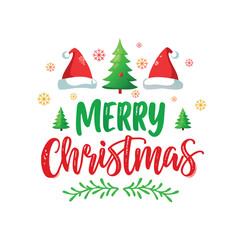 "Playful 'Merry Christmas' Vector with Santa Hat, Pine Trees & Festive Flourishes"