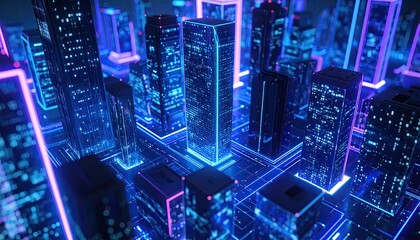 Futuristic city, glowing skyscrapers