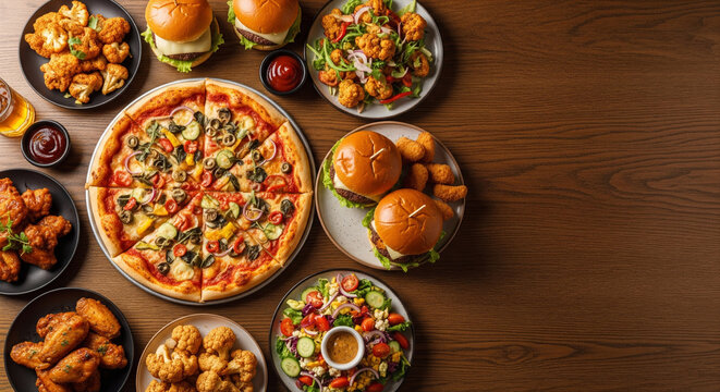 A diverse spread of comfort food including pizza, burgers, chicken wings, and salads, viewed from overhead on a rustic wooden table