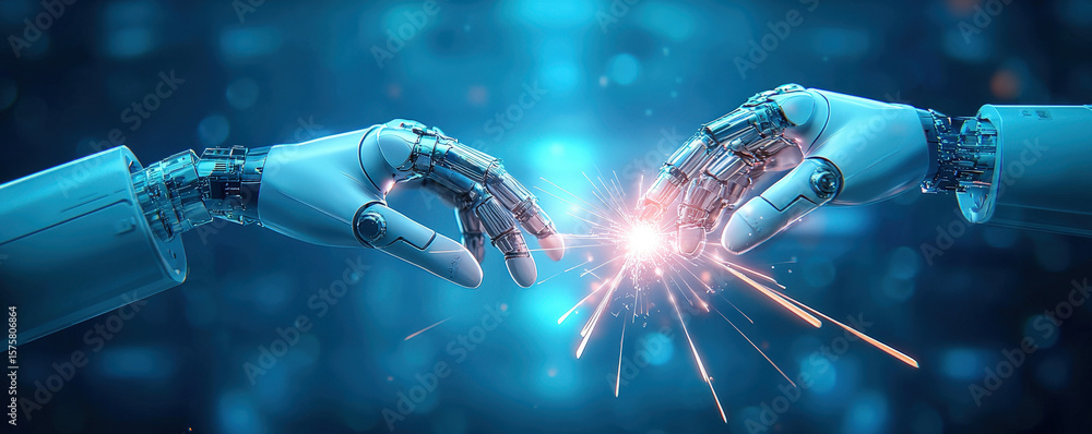 Poster robotic hands reaching towards each other, creating spark of energy, symbolize connection between te