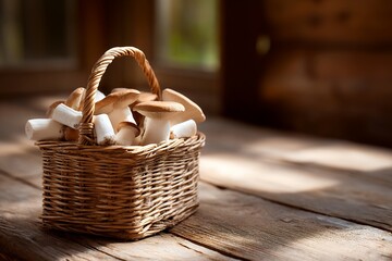 Freshly Picked Mushrooms in a Rustic Basket on Wooden Table