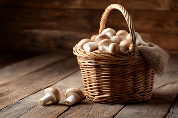 Fresh Mushrooms in a Rustic Basket on a Wooden Table