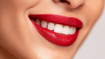 Obraz premium Smiling woman applies vibrant red lipstick, highlighting her flawless makeup and radiant skin, exuding confidence and glamour during her beauty routine