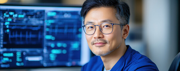 Focused medical professional blue scrub top, wearing glasses, smiles confidently while seated front of advanced medical imaging equipment displaying data. atmosphere conveys sense of expertise