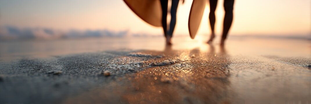 Two surfers walking along the beach at sunset, carrying their surfboards, with wet sand glistening under the warm golden light, creating a serene and picturesque scene