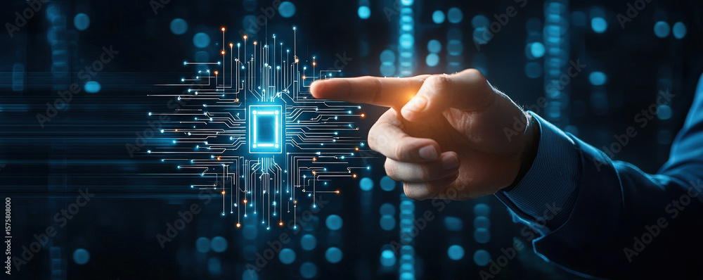 Poster hand reaching towards glowing microchip surrounded by digital circuitry, symbolizing technology and 