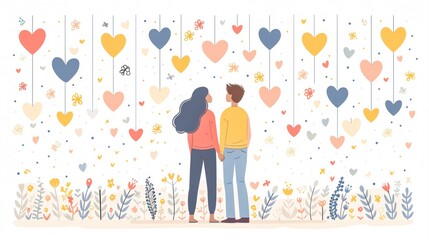Couple holding hands in front of colorful heart decorations and floral elements in a romantic setting