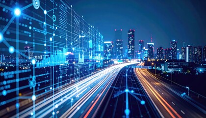 Fototapeta premium Futuristic city highway at night with digital overlays