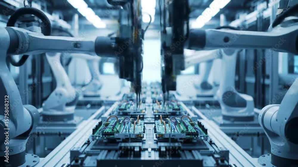 Poster automated assembly line of robotic arms precisely working on electronic circuit boards in a bright c
