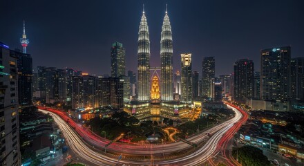 Night View of Kuala Lumpur Skyline with Petronas Twin Towers and Light Trails