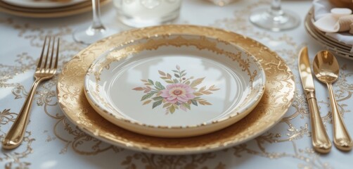 Elegant Table Setting with Floral Dishware for Special Occasions in Luxurious Dining Room