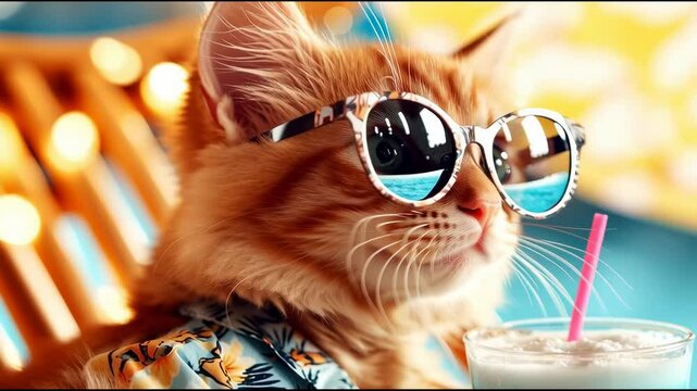 Cute orange tabby cat in sunglasses and Hawaiian shirt enjoying a tropical summer vacation at the beach with a blue cocktail

