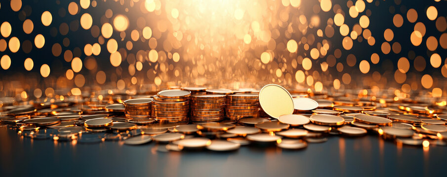 Shimmering coins are stacked captivating arrangement, surrounded by soft glow of golden bokeh lights, creating sense of wealth and prosperity. warm ambiance enhances allure of coins, evoking