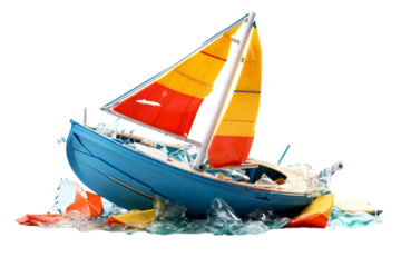 Toy boat with shattered plastic sail