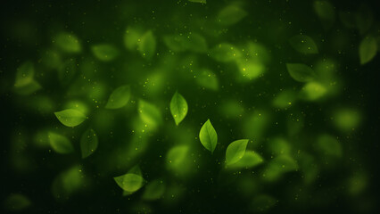 Artistic green leaves gently drifting in a blurred, glowing background filled with soft light, creating a peaceful, magical, and fresh natural ambiance.